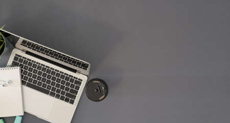 Office business concept, Open mock up laptop, office supplies and copy spaceの写真素材
