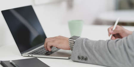 Close-up view of young professional businessman planing the strategy for his project with laptop computerの写真素材