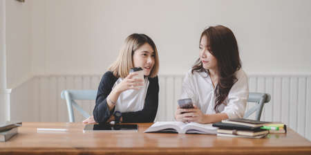 Two young freelancers discussing together while working on their group project in comfortable room