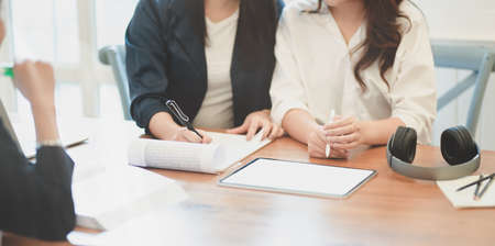 Close-up view of professional businesswoman explaining her idea concepts to her members
