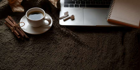 Cropped shot of vintage workspace with laptop computer, coffee cup and office supplies on brown fur backgroundの写真素材