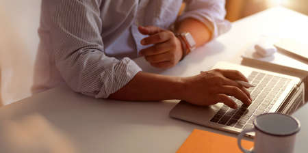 Close-up view of professional businessman typing on laptop computer while working on his project in...