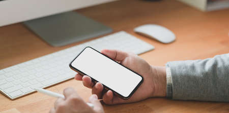 Close-up view of professional businessman looking at his blank screen smartphone while working on his projectの写真素材
