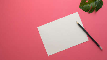 Top view of stylish copy space with sketch paper, pencil and leaf on pink table backgroundの写真素材