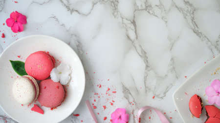 Top view of Colourful Pastel Macarons on white ceramic plate with copy space, pink ribbon and flower...