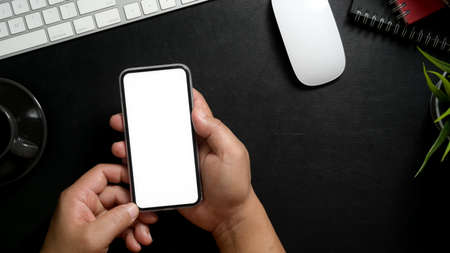 Overhead shot of professional photographer using blank screen smartphone with computer and office...