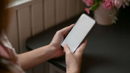 Cropped shot of female texting on blank screen smartphone while sitting in modern living room