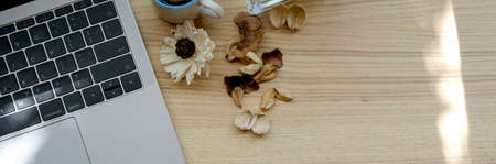 Overhead shot of simple workspace with laptop, dry flower and copy space on wooden deskの写真素材