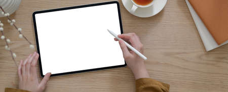 Overhead shot of college student doing homework on mock-up tablet with stylus pen and notebooks on...