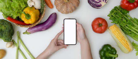 Young woman looking recipe on mock-up smartphone while preparing ingredient for cooking on kitchen table with assorted fresh vegetablesの写真素材