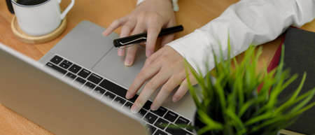 Cropped shot of female hands typing on laptop keyboard on wooden worktable with decoration