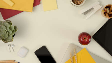 Top view of mock up scene creator with digital devices, supplies, stationery, decoration and copy...