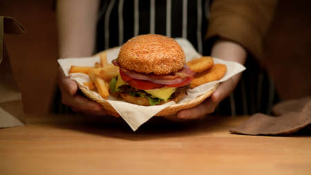 Close up view of female hands holding a plate of fresh delicious homemade burger with french fries...
