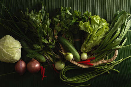 Top view of local vegetables, ingredients for Thai food on banana leafの写真素材