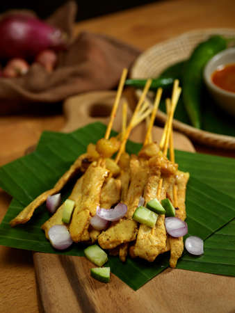 Cropped shot of Grilled pork satay (Moo Satay) with cucumber and onion served with peanut sauceの写真素材