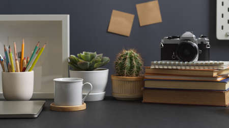 Close up view of workspace with books, camera, decorations and copy space in home office room