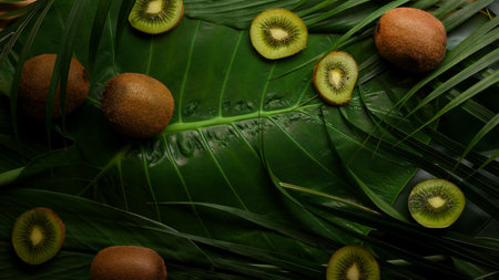 Abstract background with green leave, slices green kiwi fruit and copy spaceの写真素材