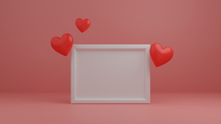 3d minimal Valentine scene, mock up frame with 3d realistic hearts in pink backgroundの写真素材