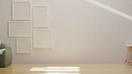 3D rendering, home interior design with frames on the white wall, couch and tableの写真素材