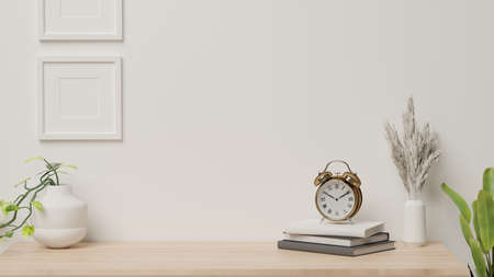 3D rendering, home interior design with decorations and plant pots on the desk with white wall...