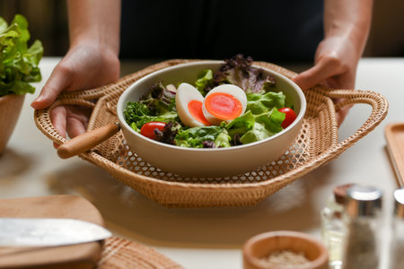Close up view of female waitress hands serving salad with boiled eggs, lettuce and tomato in restaurantの写真素材