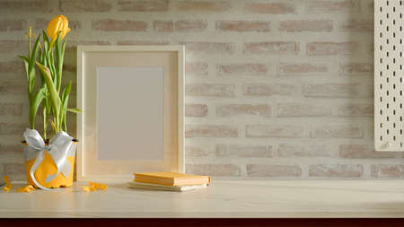 Modern home interior design with mock up frame, tulips flower pot and copy space in living roomの写真素材