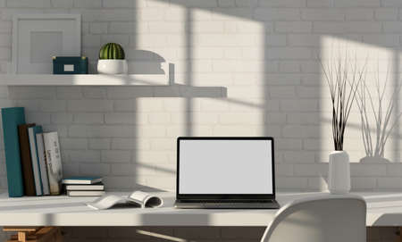 3D rendering, workspace in home office with laptop, books, magazine and decorations, 3D illustrationの写真素材