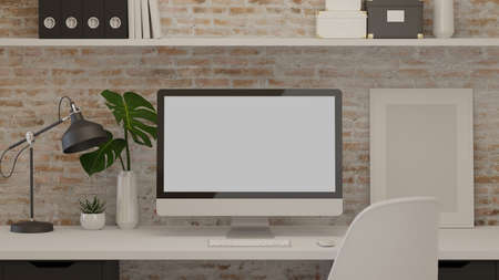 3d rendering, modern workspace with computer, lamp, supplies and decorations on the table with...