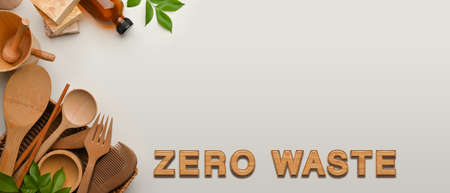 Zero waste concept, wooden kitchenware and copy space on white background, creative mock up sceneの写真素材