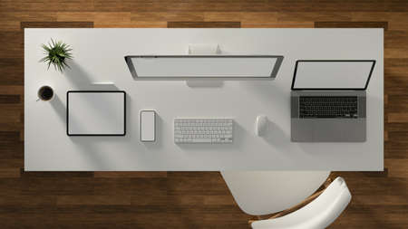 3D rendering, white table with computer, laptop, tablet, smartphone and decorations, top view,...