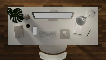 3D rendering, office desk with computer, smartphone, stationery, lamp, accessories and plant pot in...