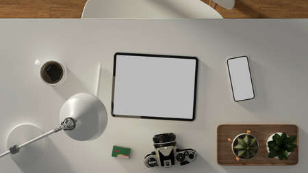 3D rendering, office desk with digital tablet, smartphone, camera and decorations, top view,...