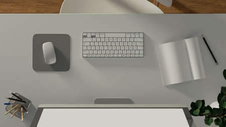 3D illustration, Computer desk with computer devices, stationery and plant vase in home office room,...