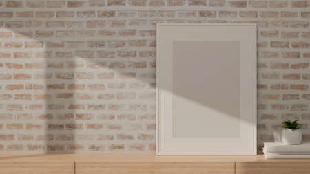 3D rendering, modern interior home design, wooden desk with mock-up frame, books, plant pot and copy...
