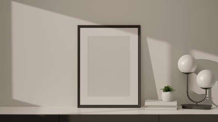 3D rendering, modern home interior design with mock up frame, lamp, books and plant pot on marble...