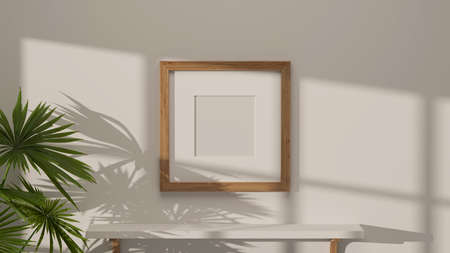 3D rendering, minimal interior home design with mock-up frame on white wall, white desk and...