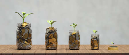 3D rendering, investment and saving money concept, golden coins in glass jars with growing plant on...