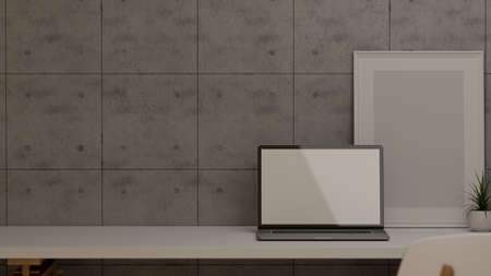 3D rendering, home office room interior design with laptop, mock up frame, plant pot and copy space on the table, 3D illustrationの写真素材