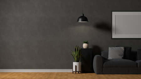 3D rendering, modern loft living room interior design with couch, table, lamp, frame, decorations and copy space, 3D illustrationの写真素材