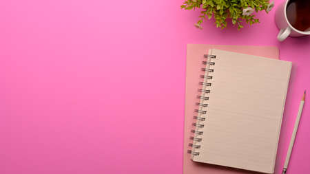 Top view of pink feminine workspace with notebooks, pencil, mug, plant pot and copy spaceの写真素材