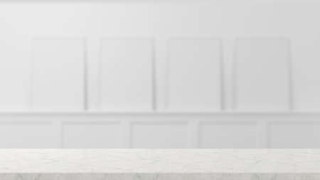 3D rendering, marble counter with copy space in white room with white frames on the background, 3D illustrationの写真素材