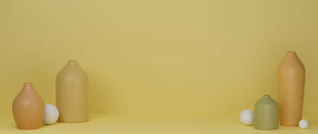 3D rendering, yellow minimal ceramics vases and pot on yellow background with copy space, 3D illustration, home decorationの写真素材