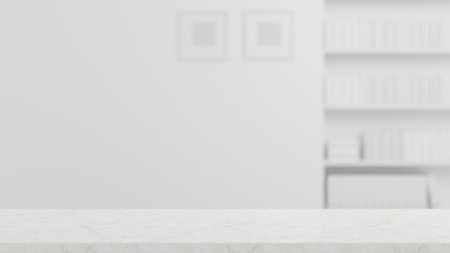 3D rendering, close up view of white marble counter in modern living room with copy space, 3D illustrationの写真素材