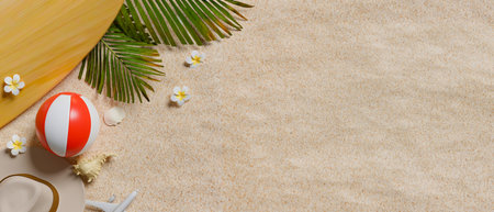 3D rendering, top view of sandy beach with ball, hat, surf board and copy space, summer beach concept, 3D illustrationの写真素材