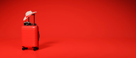 3D rendering, travel concept red baggage, camera and hat on red background with copy spaccの写真素材