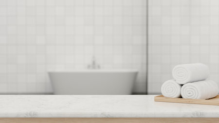 3D rendering, marble counter in modern bath room with white towels and copy space, 3D illustrationの写真素材