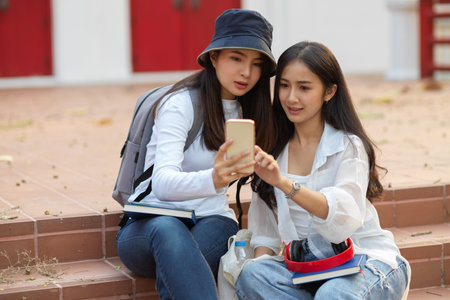 Close up view of lovely friend relaxing at the staircase in university and using smartphone togetherの写真素材