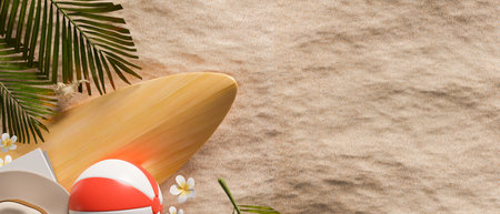 3D rendering, top view of sandy beach with ball, hat, surf board and copy space, 3D illustration, summer beach conceptの写真素材