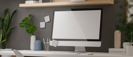 3D rendering, modern home office desk with computer, supplies and decorations with shelf on loft wall, 3D illustrationの写真素材