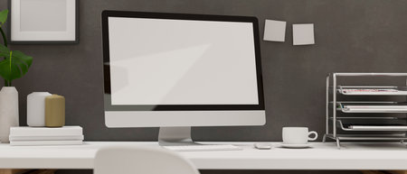 3D rendering, loft home office desk with computer, office supplies and decorations on white desk, 3D illustrationの写真素材